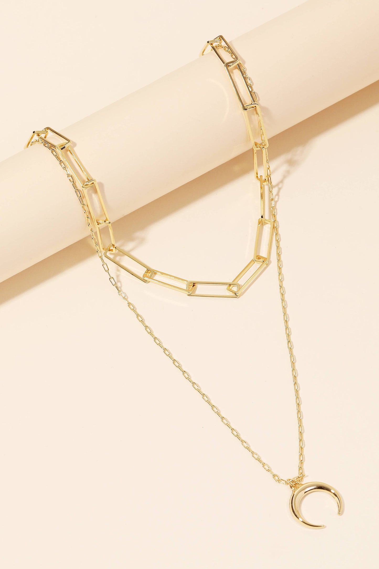 Layered Chain Link Crescent Moon Charm Necklace